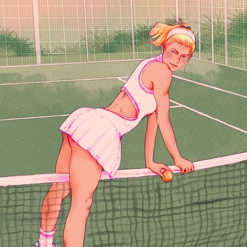 緑のコートでテニスネットにまたがる魅惑的な女性（作者：Alxndra Cook）