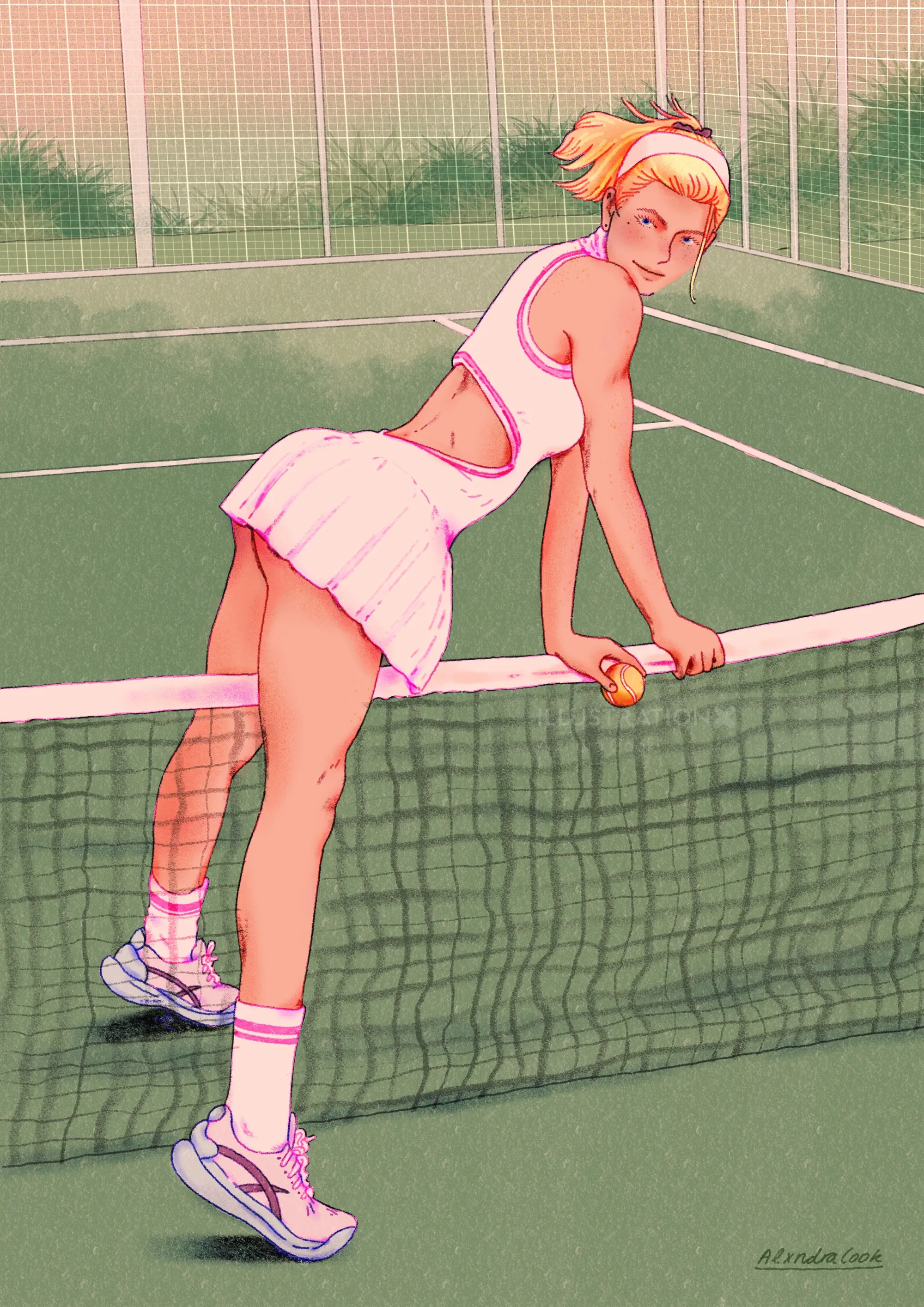 Mujer seductora a horcajadas sobre la red de tenis en una cancha verde por Alxndra Cook