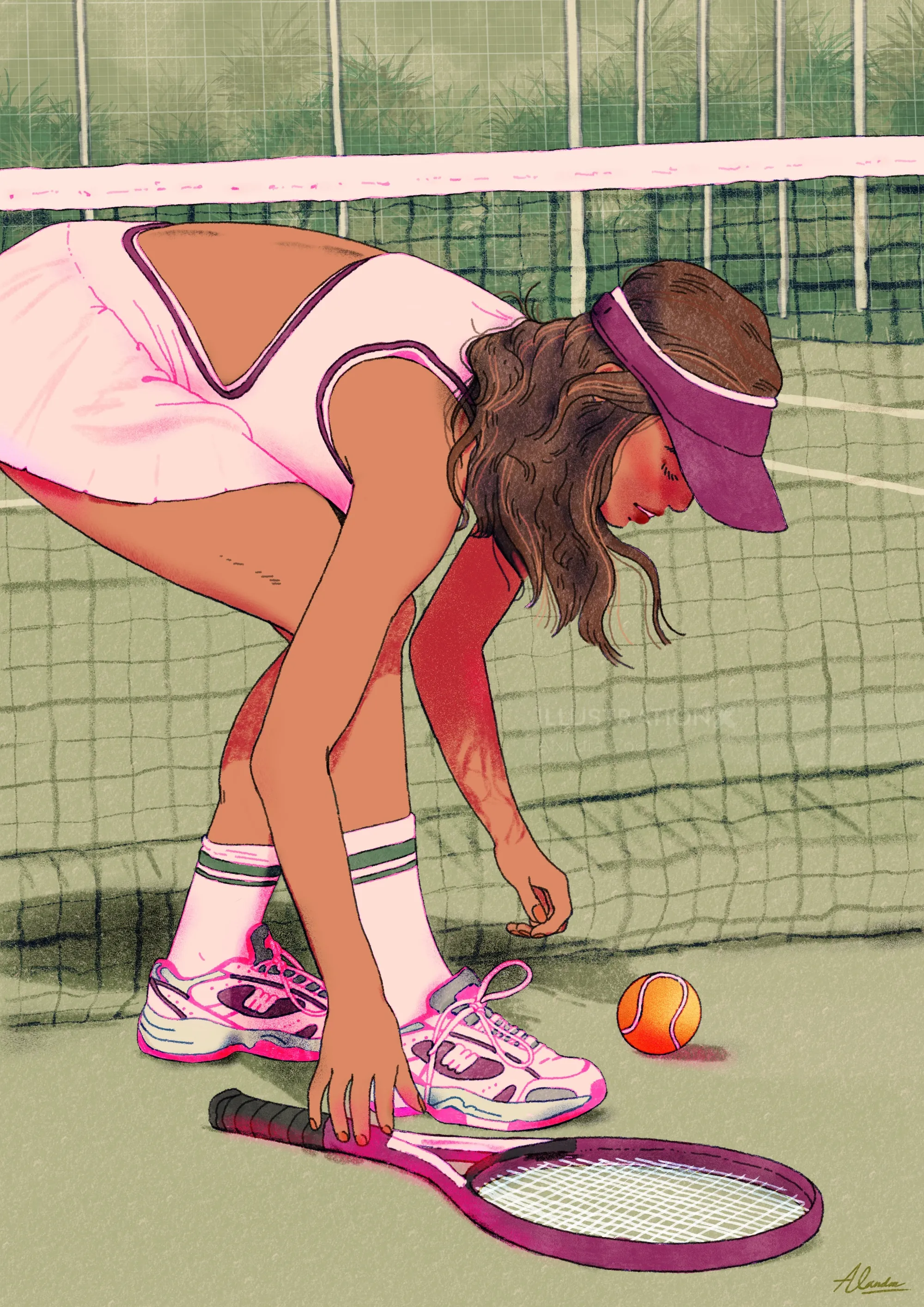 Ilustración de un tenista recogiendo una pelota.