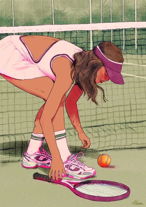 Ilustración de un tenista recogiendo una pelota.
