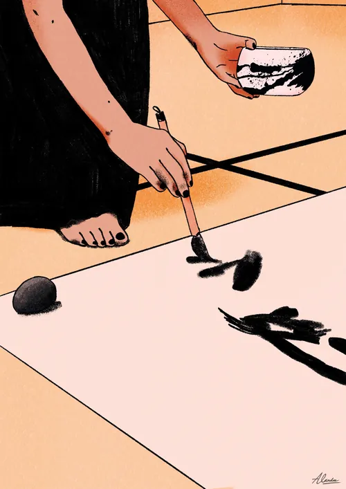 Ilustración de una persona practicando caligrafía japonesa (Término 296).