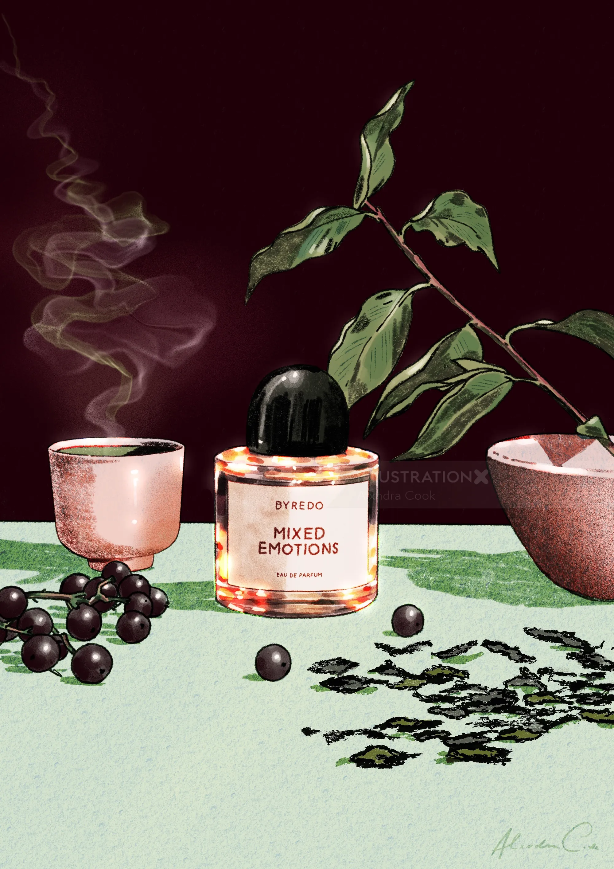 Still life of Byredo perfume, tea, berries, leaves, and smoke by Alxndra Cook