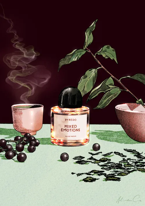 Still life of Byredo perfume, tea, berries, leaves, and smoke by Alxndra Cook