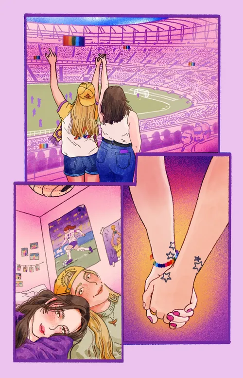 Alxndra Cook Illustration von jubelnden und Händchen haltenden Teenager-Mädchen.