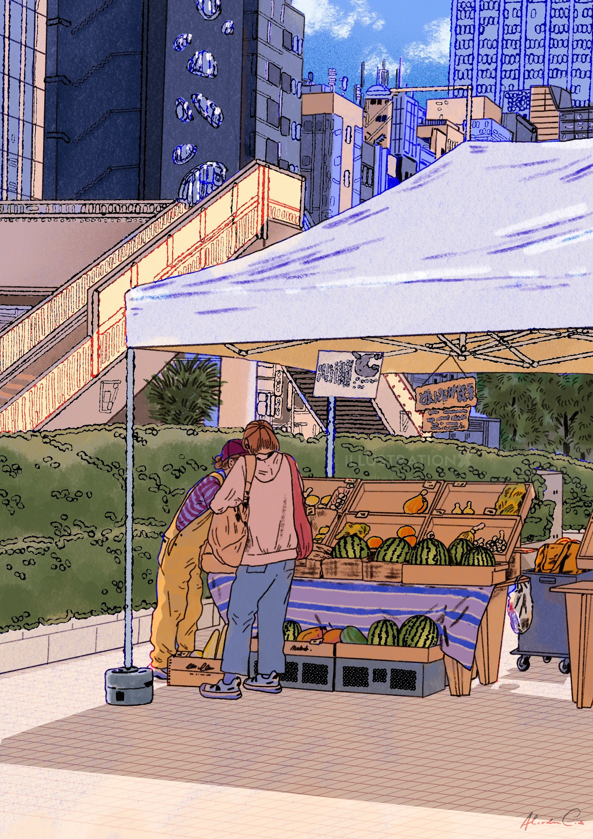 Alxndra Cook illustration of a Tokyo watermelon stand under a canopy