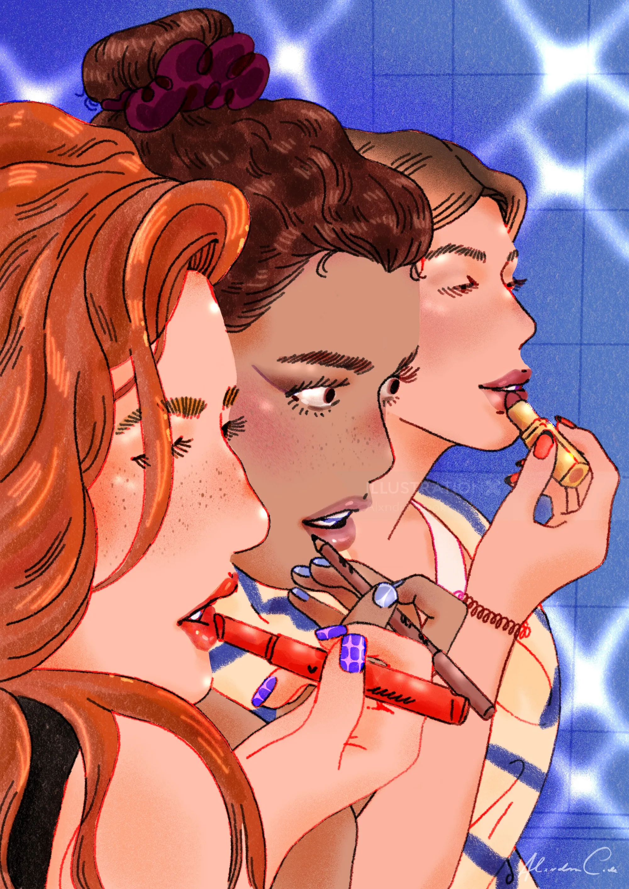 Alxndra Cook illustration of three women applying lipstick