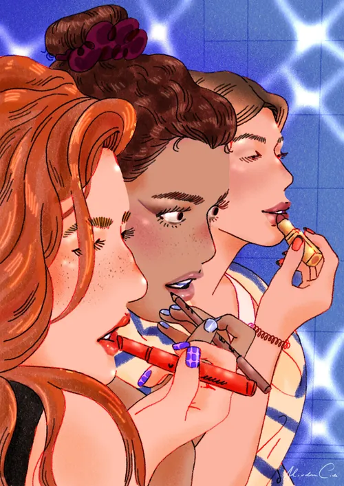 Alxndra Cook illustration of three women applying lipstick