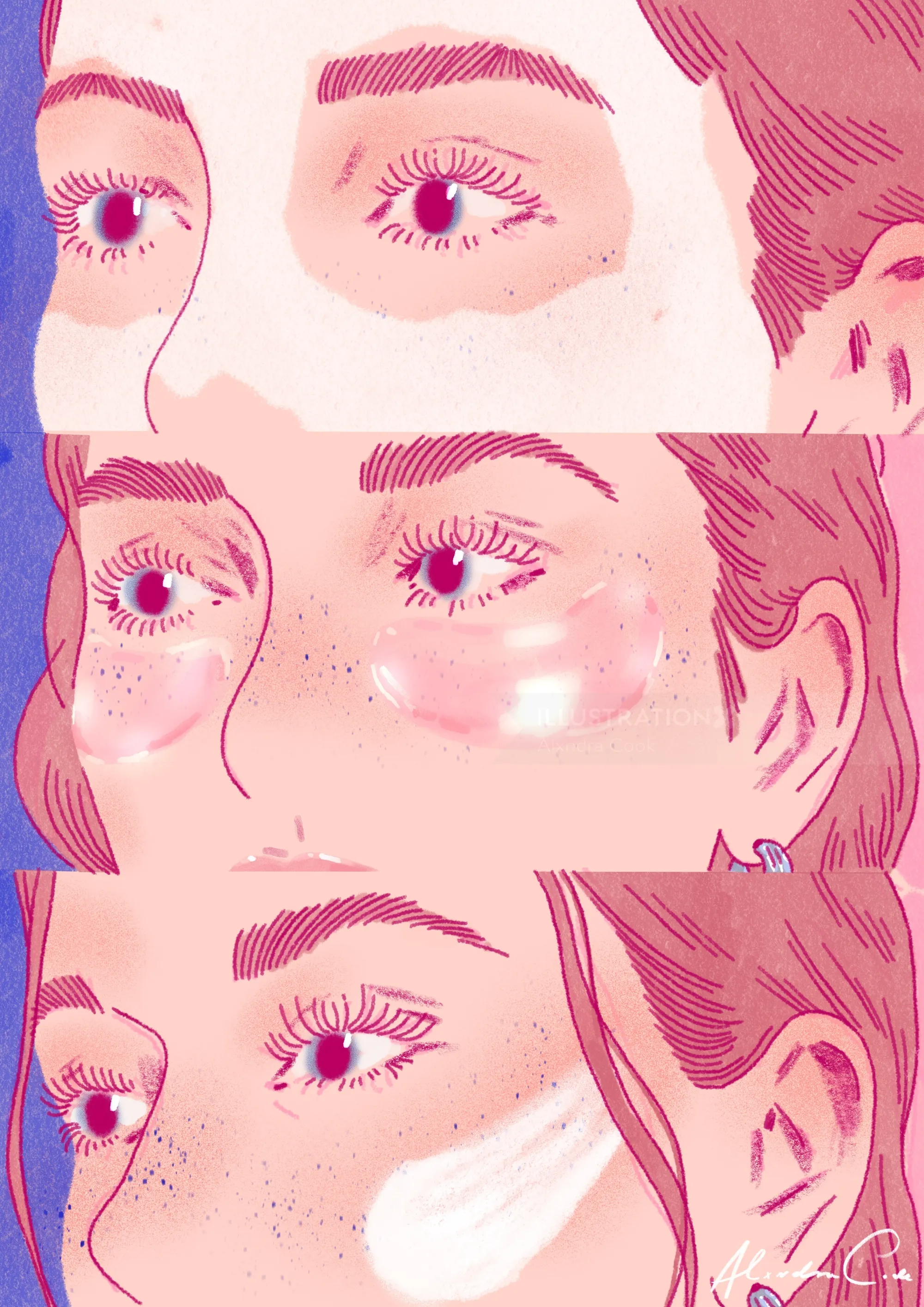 Alxndra Cook Illustration einer Frau, die Schönheitsprodukte um ihre Augen testet