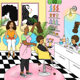 Petite fille se faisant couper les cheveux pour le livre Bushyhead