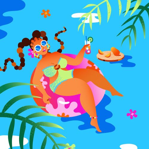 Vector of a trendy lady floating in an inner tube