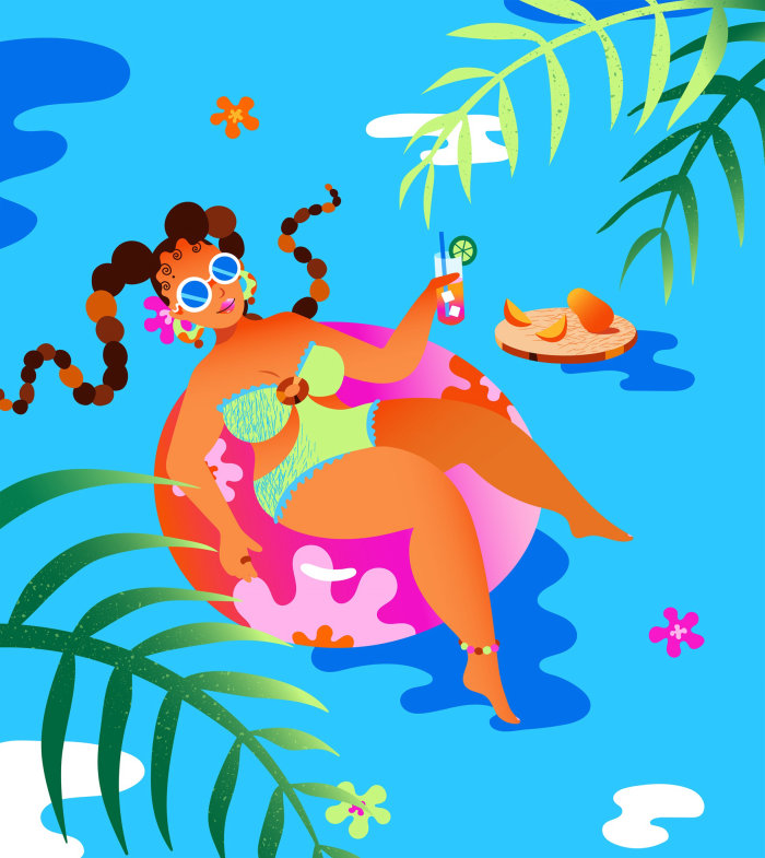 Vector of a trendy lady floating in an inner tube