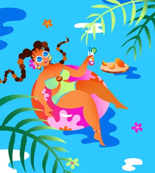 Vector of a trendy lady floating in an inner tube