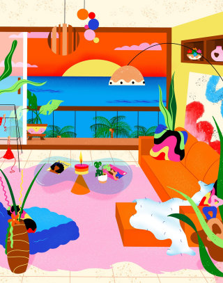 Pop design of a stylish tropical interior living room