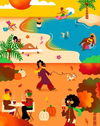 Summer beach and autumn foliage scenery