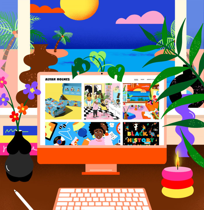 Mesa de estúdio de Alyah Holmes e vista tropical dos sonhos