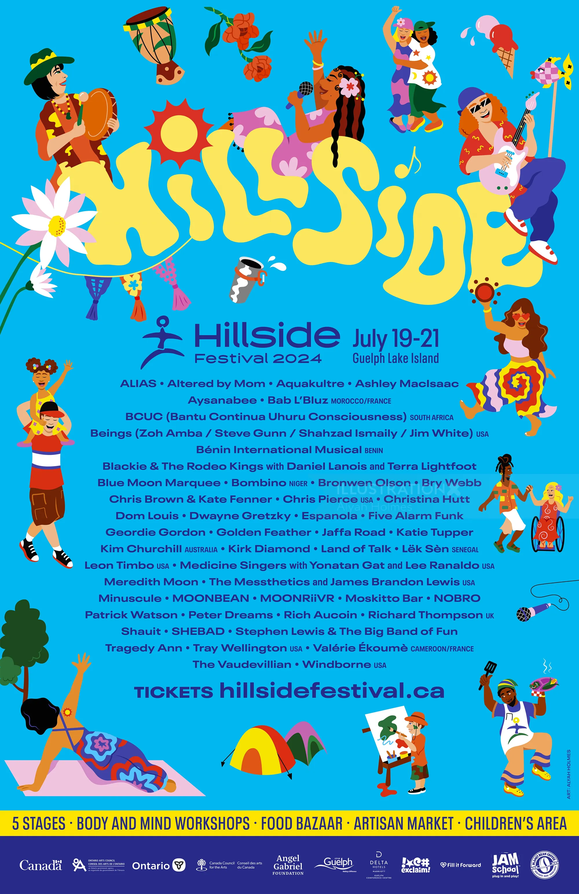 Colorful summer festival poster with music, dancing, and activities