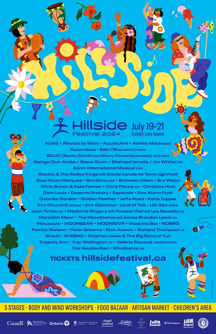 Colorful summer festival poster with music, dancing, and activities