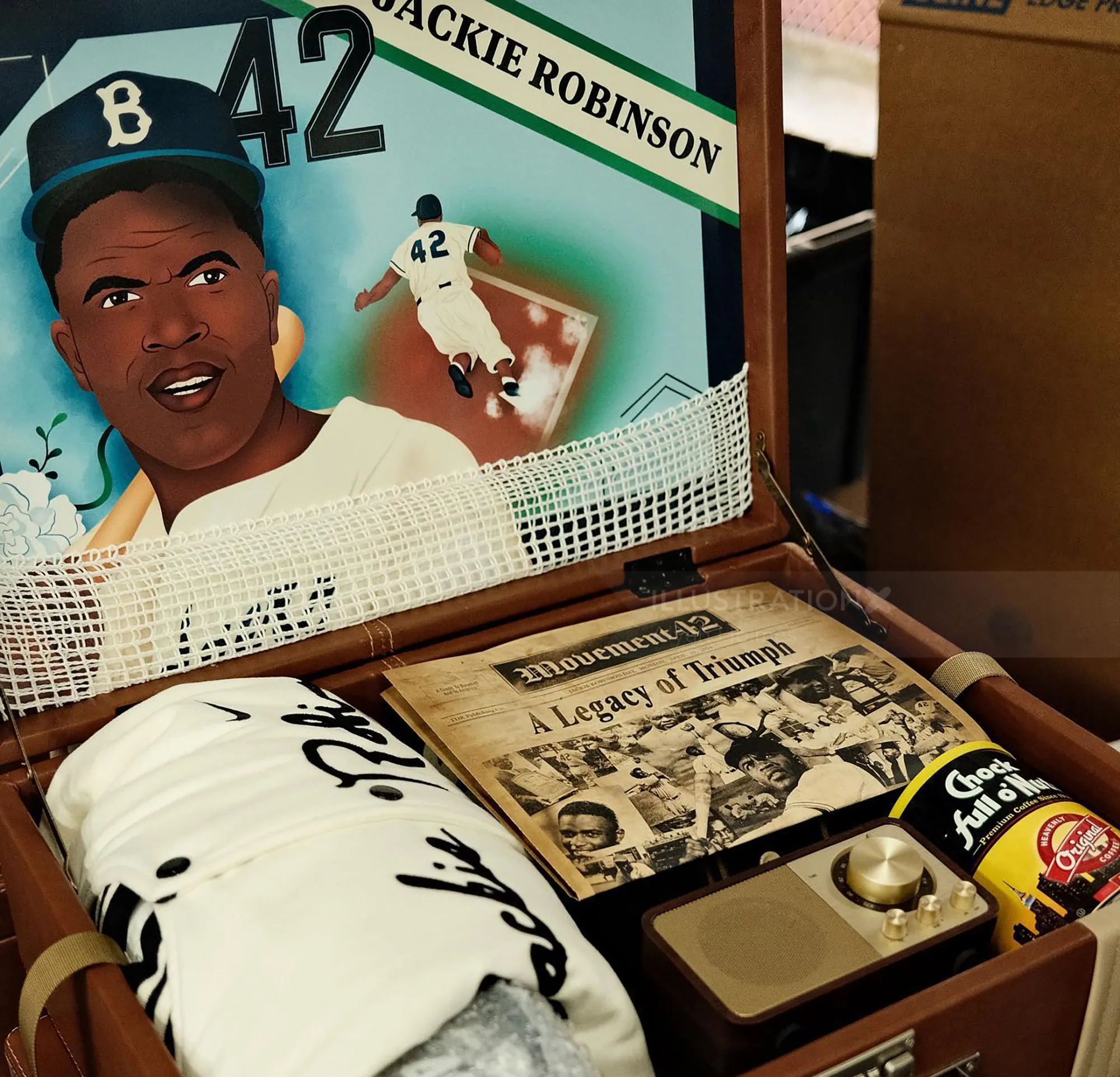 Mural of Jackie Robinson playing baseball with memorabilia inside a briefcase