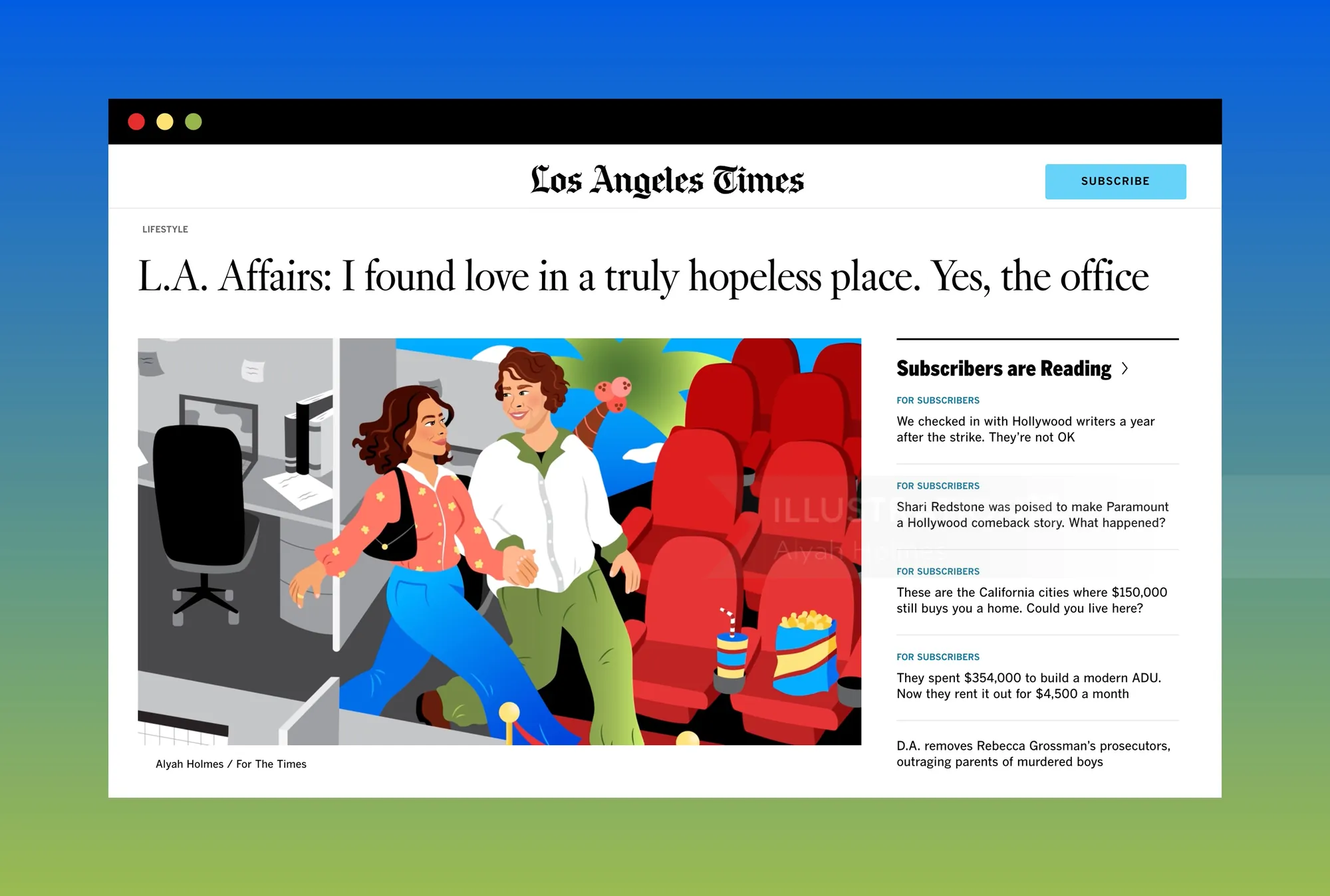 Man and woman leaving dull office toward colorful date scene