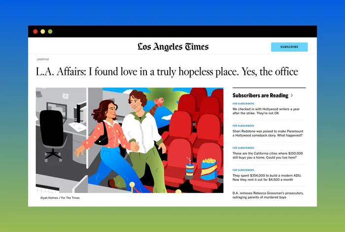 Man and woman leaving dull office toward colorful date scene