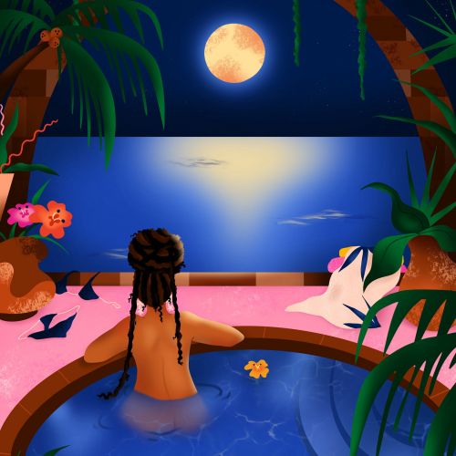 Woman enjoying moonlit tropical pool vacation