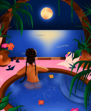 Woman enjoying moonlit tropical pool vacation