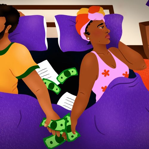 Couple divided in bed by finances—AARP editorial illustration