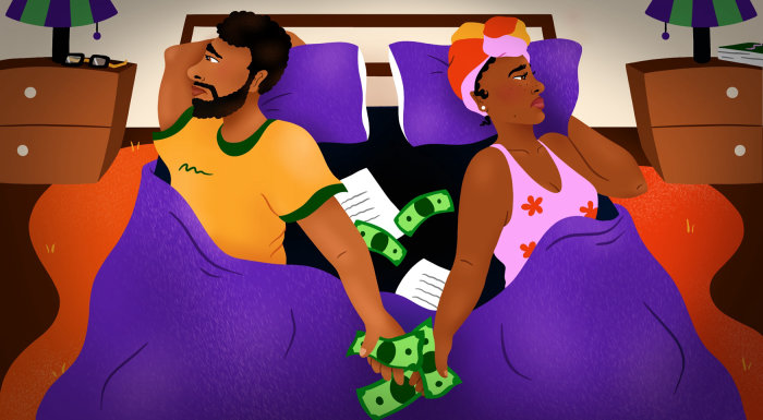 Couple divided in bed by finances—AARP editorial illustration