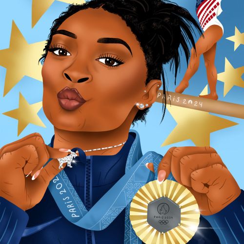Simone Biles holding Olympic medal and making a face by Alyah Holmes