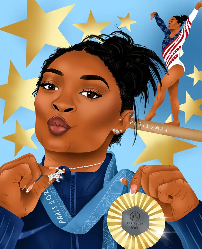 Illustration of Simone Biles holding Olympic medal with stars background