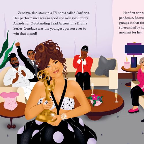 Illustration of Zendaya with various people in a cozy living room setting