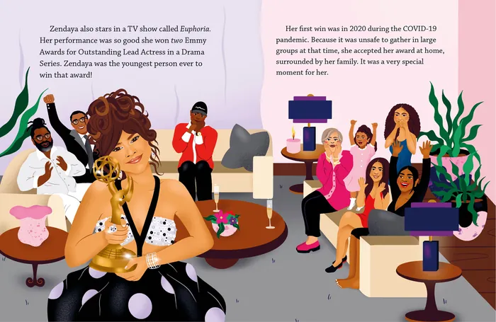 Illustration of Zendaya with various people in a cozy living room setting
