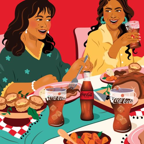 Family dinner scene illustrated for a Coca-Cola mural