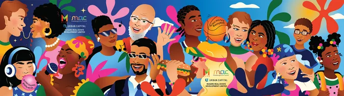 Colorful mural showing diverse people and characters at Square One terminal