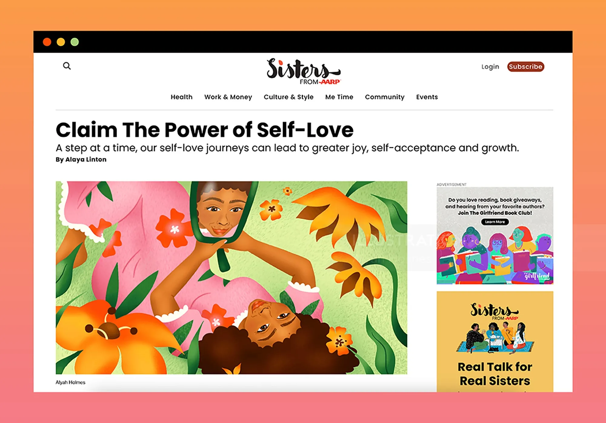 Black woman laying in grass admiring herself in mirror with flowers