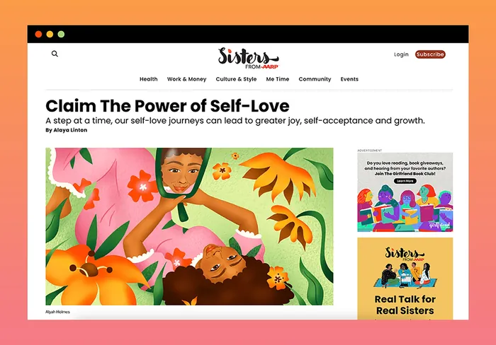 Black woman laying in grass admiring herself in mirror with flowers