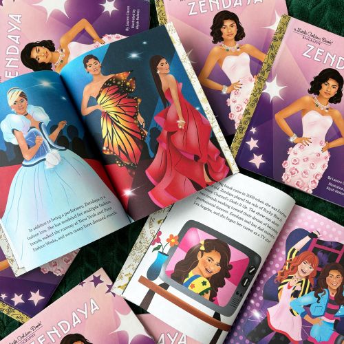 Children's books showing colorful illustrations of Zendaya in various outfits