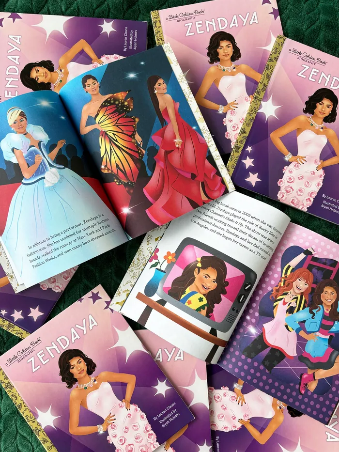 Children's books showing colorful illustrations of Zendaya in various outfits