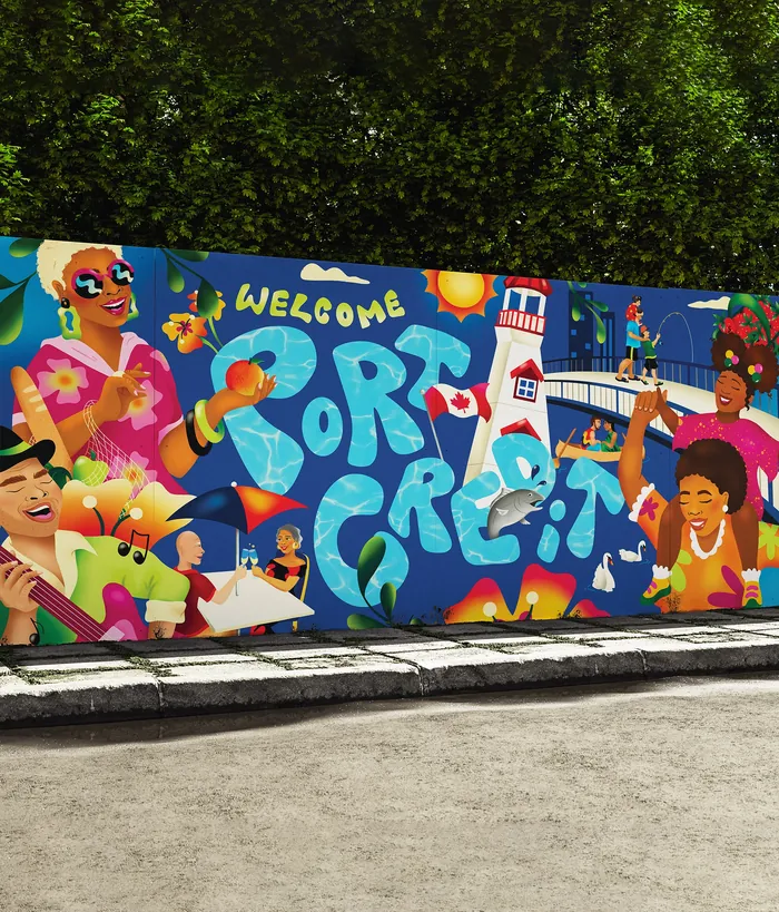 Colorful mural welcoming visitors to Port Credit with lively characters and landmarks
