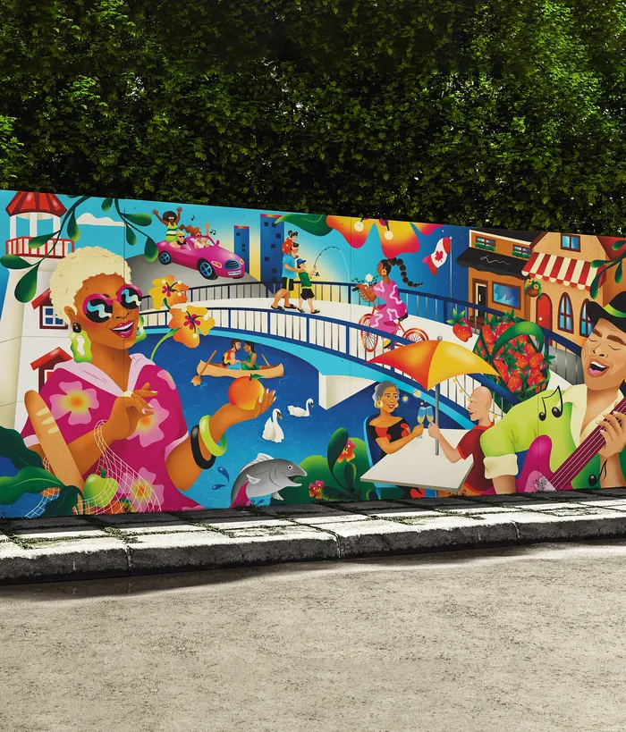 Colorful mural of happy people and a canal scene at Port Credit