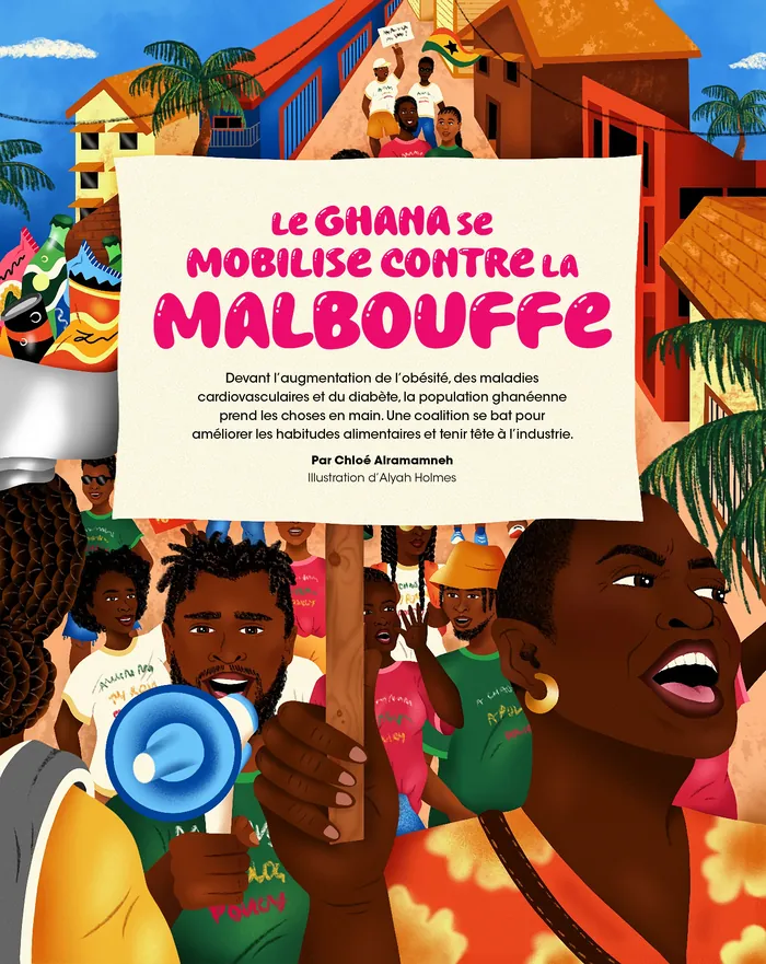 Illustration of a protest march in Ghana against junk food