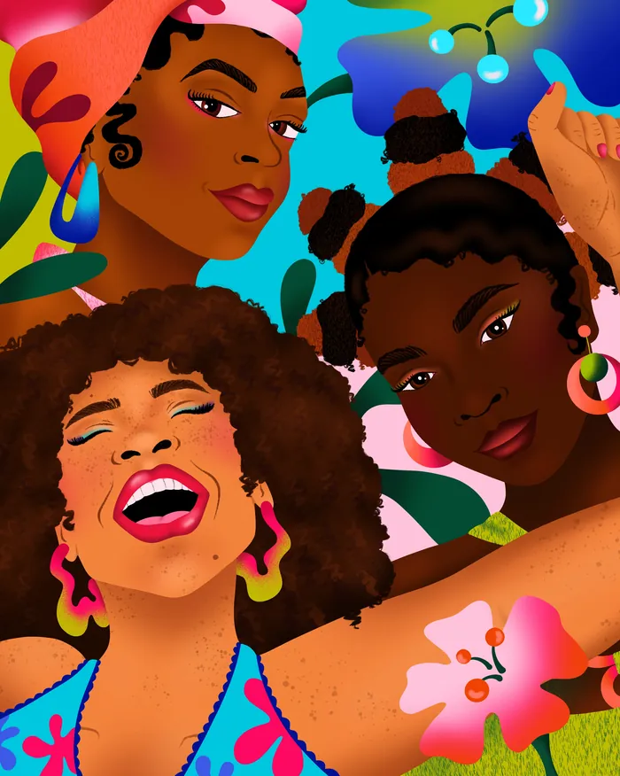 Colorful Juneteenth collage of joyful Black women with flowers