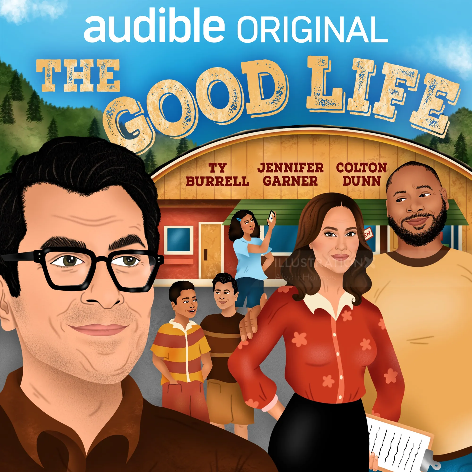 Illustrated cover of Audible's The Good Life with characters in front of a store