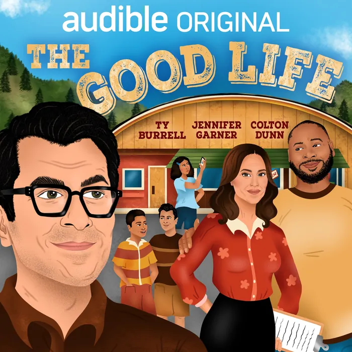 Illustrated cover of Audible's The Good Life with characters in front of a store