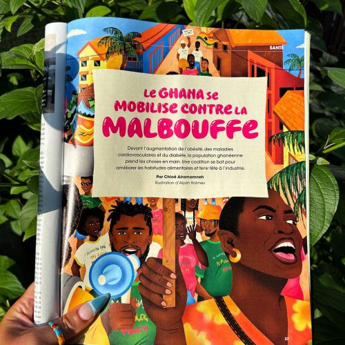 Hand holding colorful magazine about Ghana protesting junk food