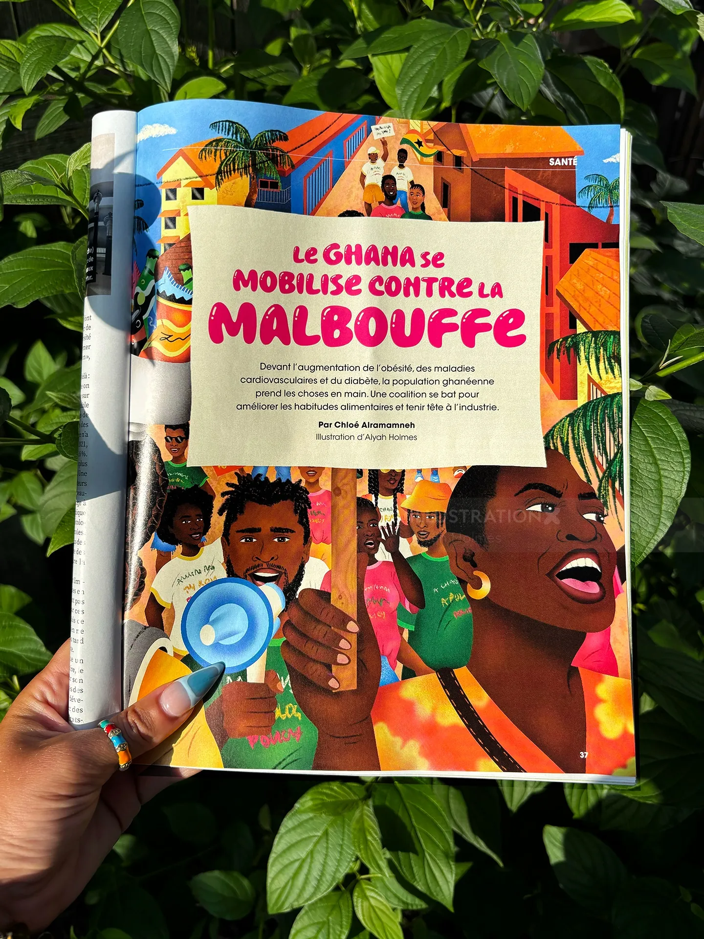 Hand holding colorful magazine about Ghana protesting junk food
