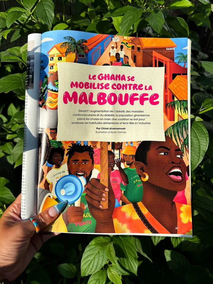 Hand holding colorful magazine about Ghana protesting junk food