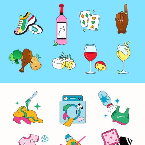 Colorful spot illustrations of food, drinks, laundry, and sports icons