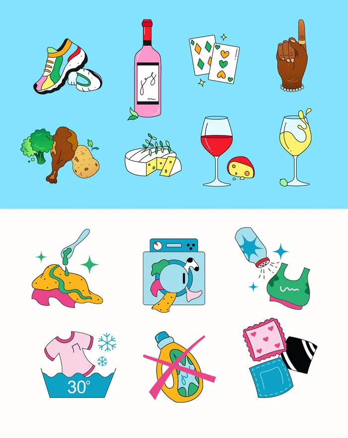Colorful spot illustrations of food, drinks, laundry, and sports icons