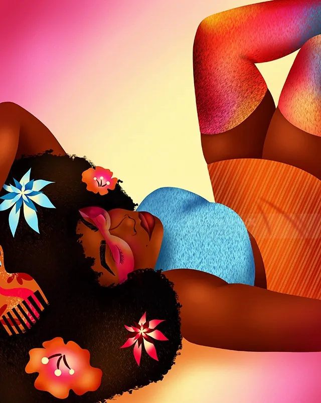 Stylish black woman with flowers in afro hairstyle by Alyah Holmes